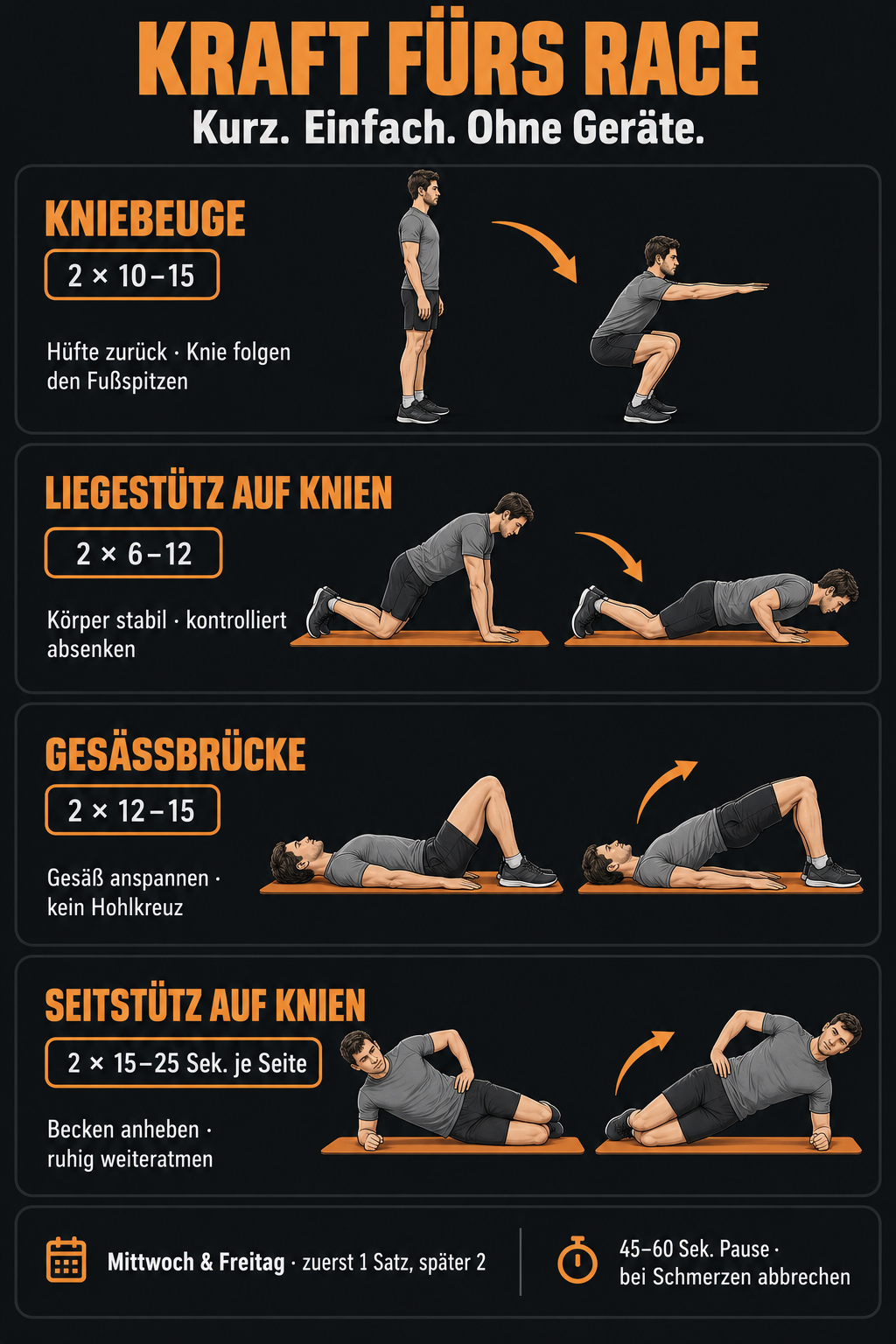 Kraft fürs Race: Start- und Endposition für Kniebeuge, Knieliegestütz, Gesäßbrücke und Seitstütz auf Knien mit Wiederholungszahlen.